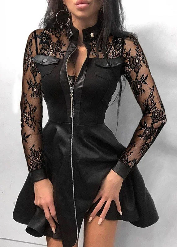 Style Black Lace Zip Up Patchwork Faux Leather Mid Dress Long Sleeve Effortless Sophistication