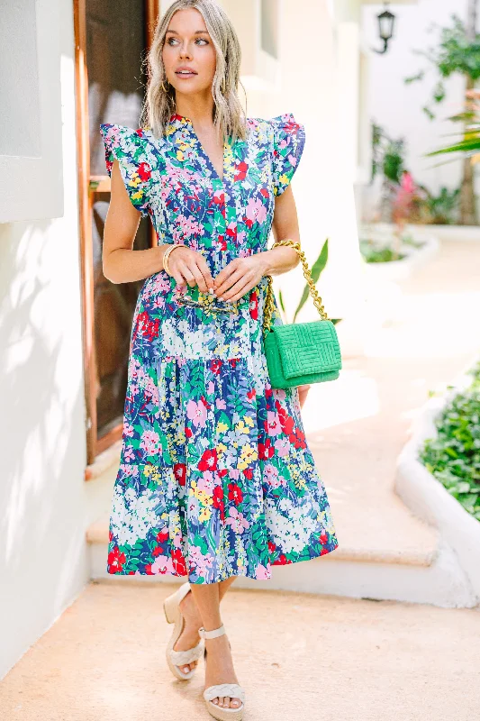 Bright Days Ahead Navy Blue Floral Midi Dress Huge Savings On Parisian Styles