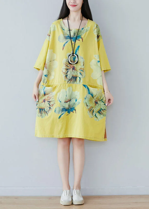 Yellow Patchwork Print Cotton Dress Half Sleeve Durable Fashion Picks