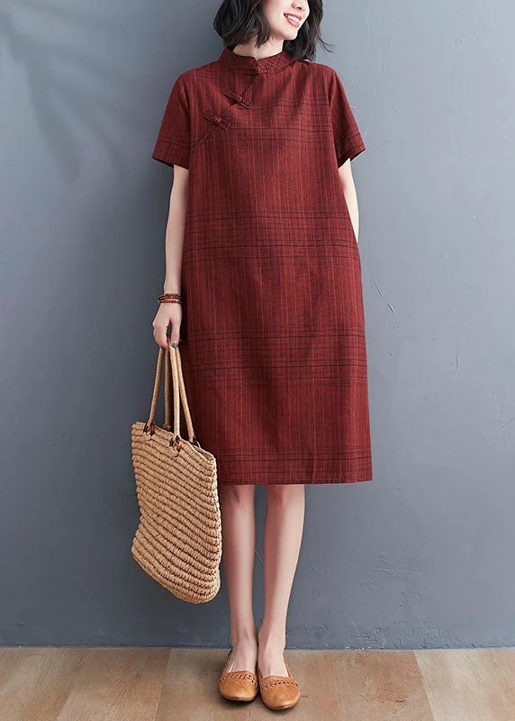 Chinese Style Red Plaid Patchwork Cotton Mid Dress Short Sleeve Boho - Chic Festival - Ready Style