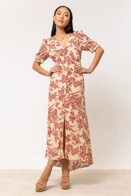 Lia Floral Midi Dress in Rust Graceful Drape