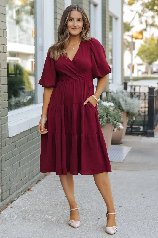 Wine Tiered Midi Wrap Dress - FINAL SALE Special Offer