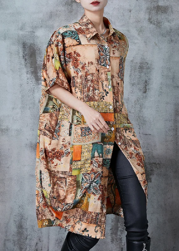 Art Khaki Oversized Print Chiffon Shirt Dress Summer Season Transition Versatile Wear Clearance