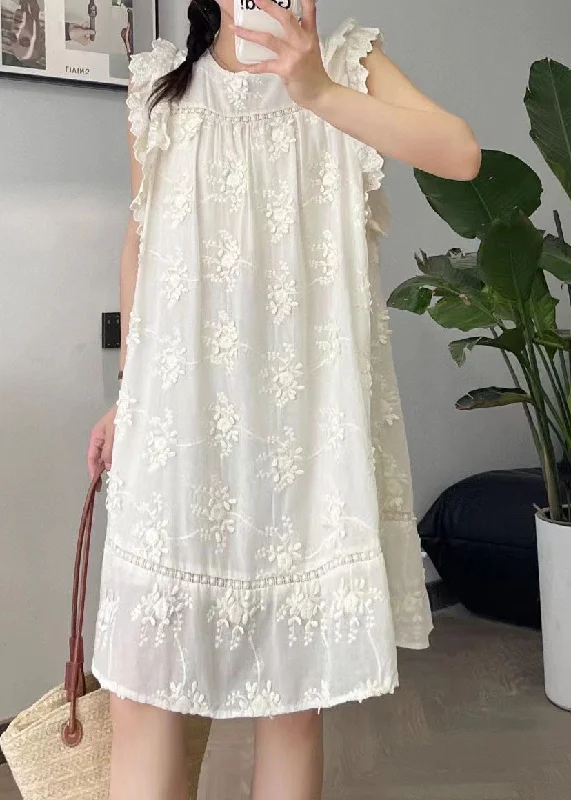 Cute Beige O-Neck Embroidered Floral Silk Cotton Mid Dress Summer Effortless Grace