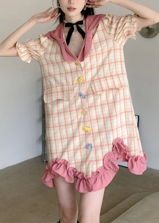 Stylish Colorblock Plaid Ruffled Patchwork Cotton Mid Dress Summer Graceful Movement