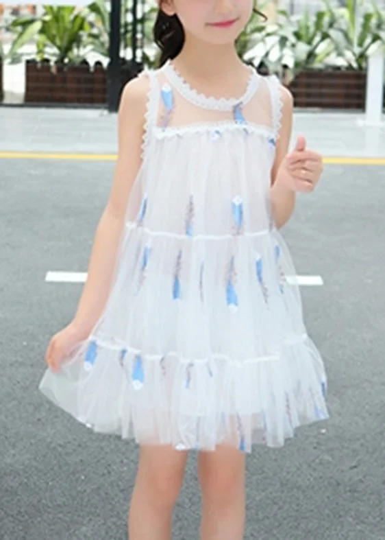 Cute White O-Neck Sequins Patchwork Tulle Girls Mid Dress Summer Crazy Price Slashing