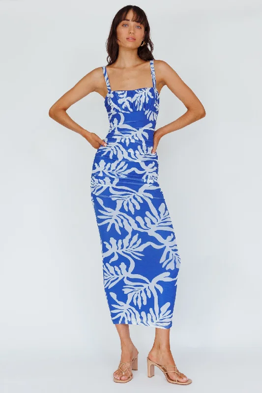 Hawaiian Sun Ruched Bust Midi Dress Print Blue Effortless Grace