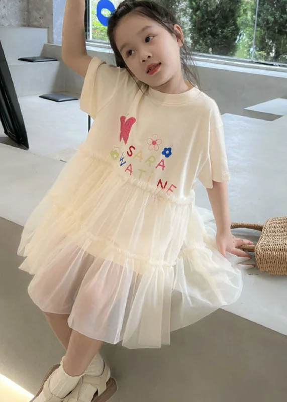 Casual White O Neck Ruffled Patchwork Tulle Kids Girls Dresses Summer Trendy New Clothes