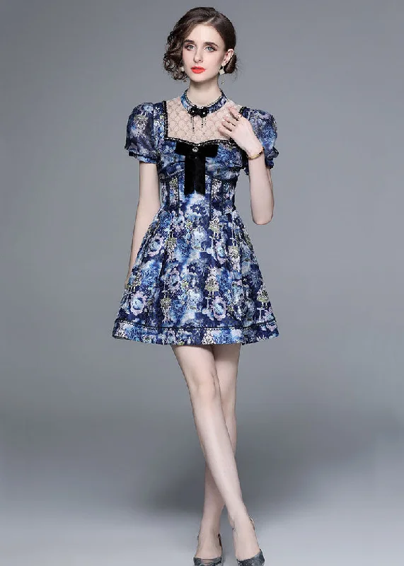 New Blue Bow Wrinkled Print Patchwork Cotton Mid Dress Puff Sleeve Seasonal Trends