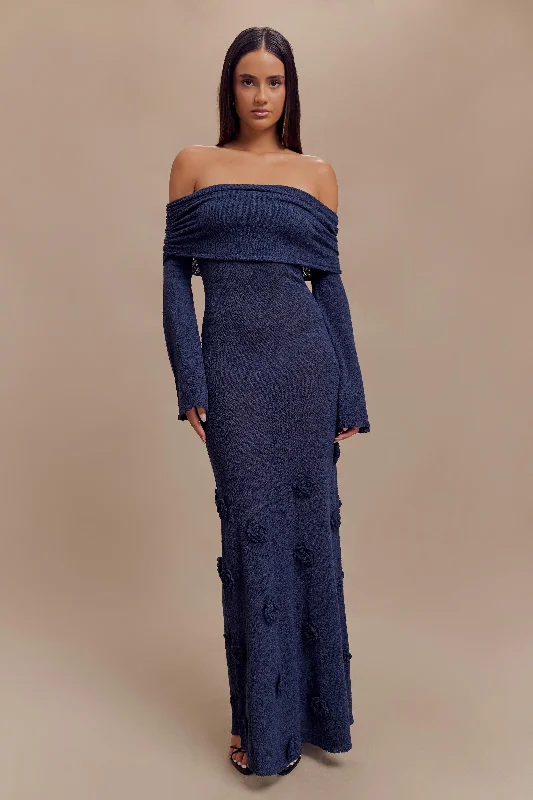 Kiki Off Shoulder Knit Rose Maxi Dress - Navy Get The Latest Trends