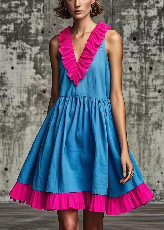 Women Blue Ruffled Patchwork Cotton Mid Dress Summer Ride The Style Wave