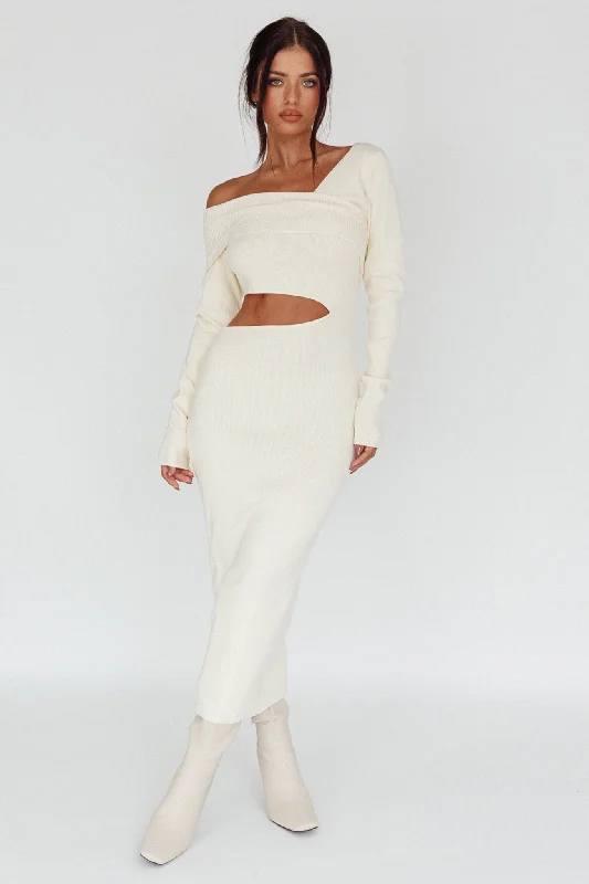 Tamar Long Sleeve One-Shoulder Midi Dress Cream Rustic Countryside Charm Look