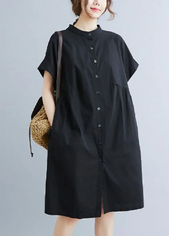 Style Black Stand Collar Wrinkled Cotton Shirt Dress Summer Trendy Aesthetics