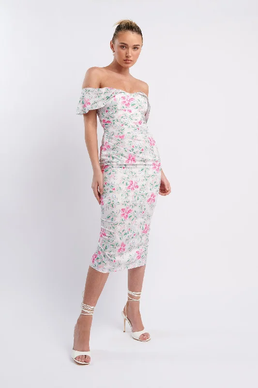 Lillianne Off-Shoulder Midi Dress Floral Pink Modern Glamour