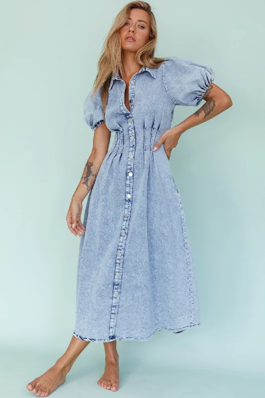 Zurich Pleated Waist Midi Dress Denim Blue Elegant Attire