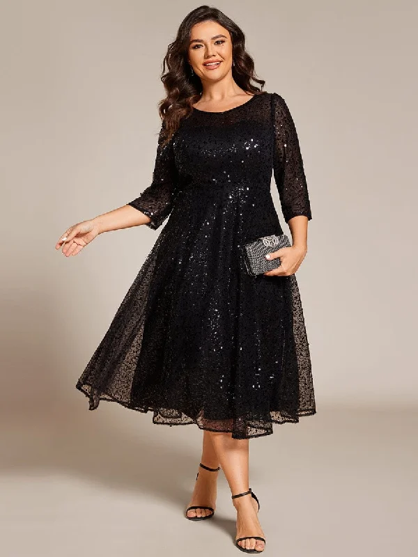 Plus Size 3/4 Sleeve Midi Round Neck A-Line Sequin Wedding Guest Dress Celebrate With Big Savings