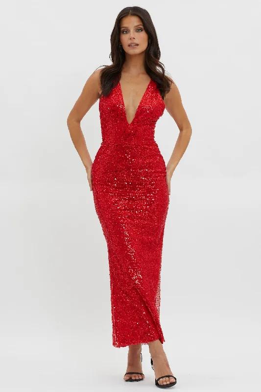 Glitter Nights Plunging Neckline Sequin Dress Red Massive Savings