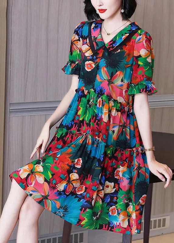 Chic Peter Pan Collar Print Pockets Wrinkled Silk Mid Dresses Short Sleeve Fashionista Favorites