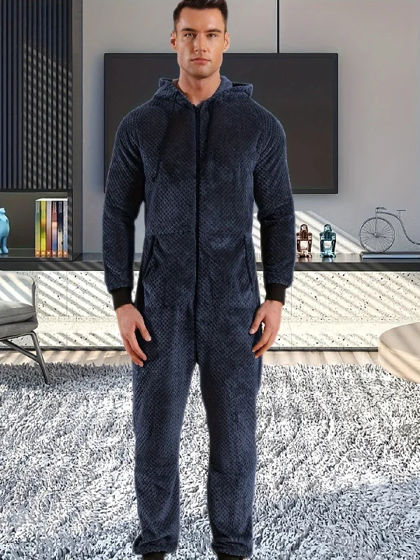 1 Pc Men's Dark Gray Plush Hooded Long Sleeve Pajama Jumpsuit With Zipper - Cozy One-Piece Loungewear, Relaxed Fit Home Wear Flowing Silhouette