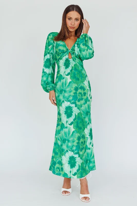 Yessica Balloon Sleeve Midi Dress Floral Green Elegant Contour