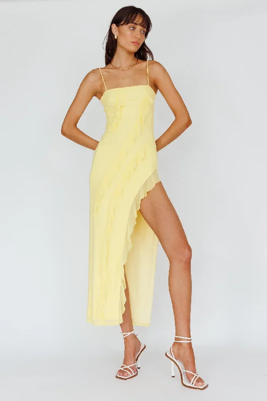 Catriona Split Ruffle Midi Dress Lemon Bold Fashion