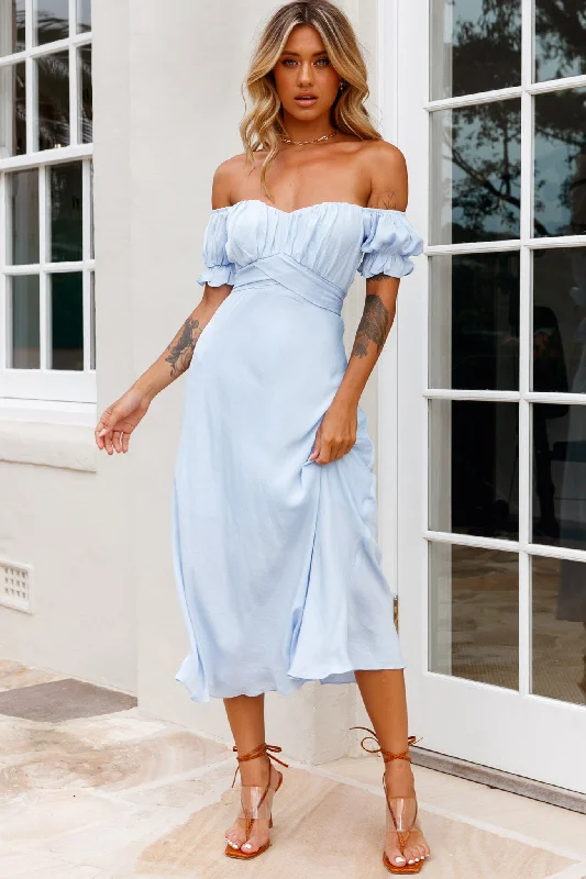 Linka Off-Shoulder Tie Back Midi Dress Steel Blue Current Trends