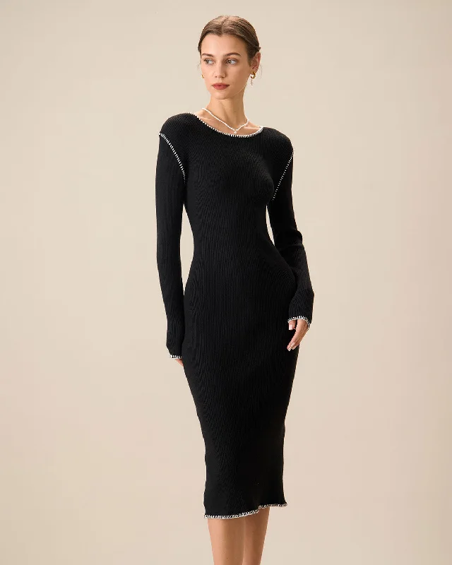 Women's Black Contrasting Ribbed Sweater Midi Dress Redefining Women's Style