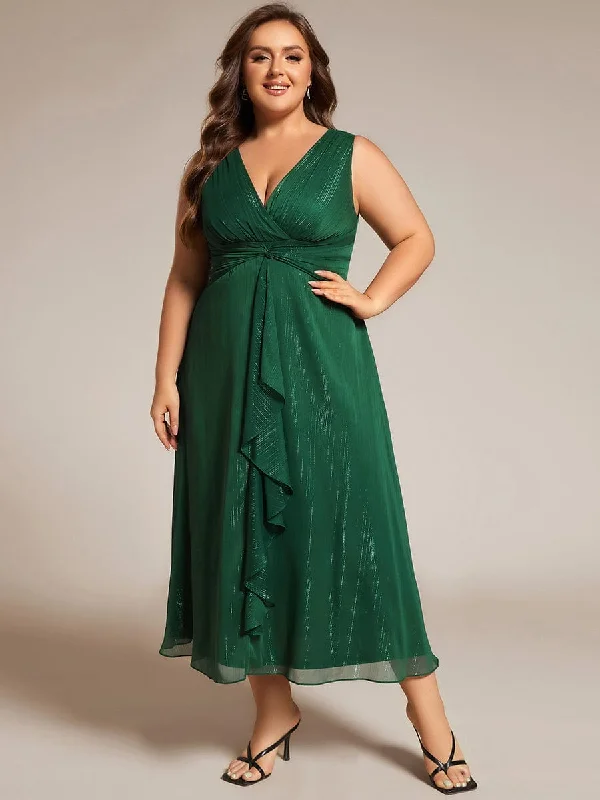 Plus Size Sleeveless Glittery Ruffled V-Neck Midi Wedding Guest Dress Limited Quantities