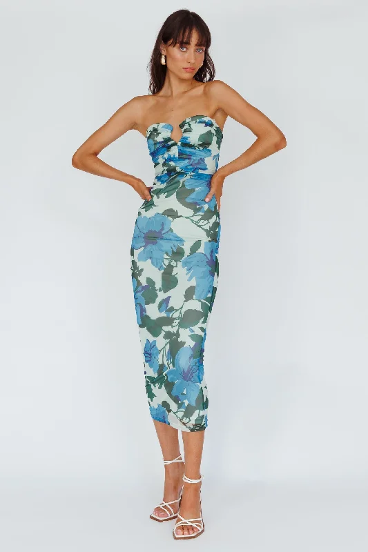 Lahita Strapless Midi Dress Floral Blue Season Appropriate Women's Collection