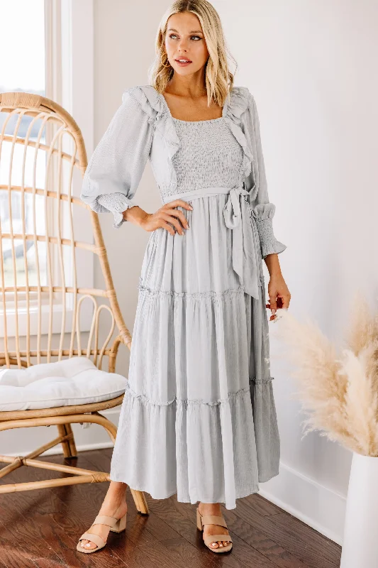 Feel Your Love Light Gray Ruffled Midi Dress Comfortable Clothes