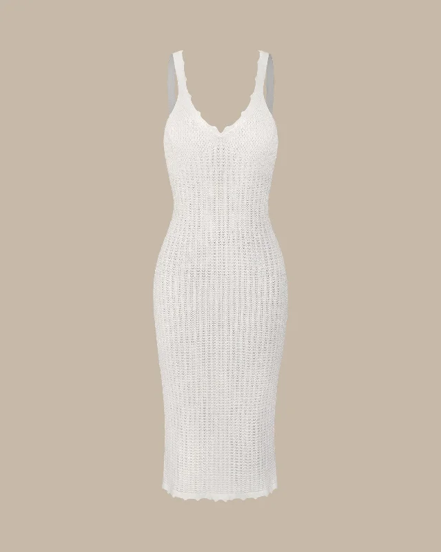 The White V-Neck Knitted Pointelle Midi Dress Trendy Styles