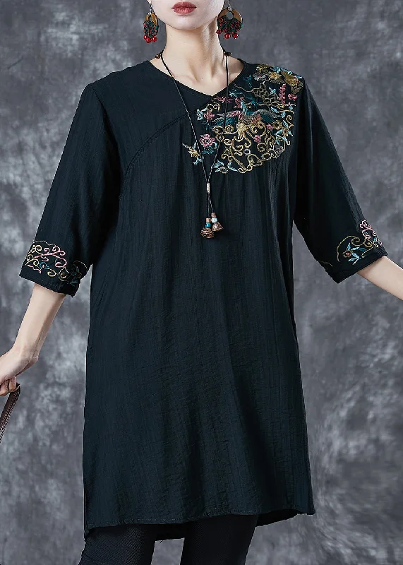 Black Linen Mid Dresses Embroidered Half Sleeve Comfort Centric Apparel