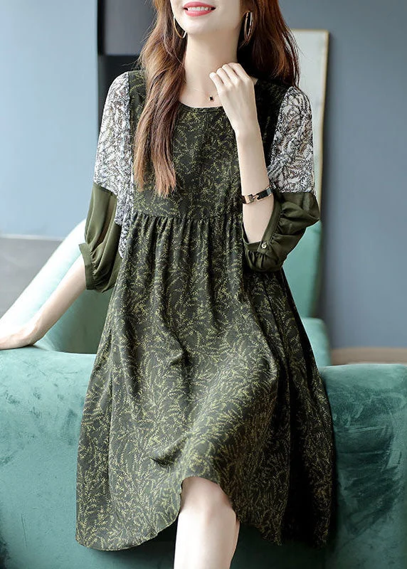 French Army Green O-Neck Patchwork Print Chiffon Vacation Dresses Half Sleeve You'Ll Love Us Because