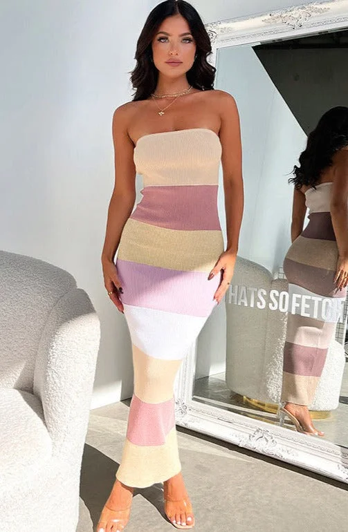 Linda Contrast Colors Strapless Knit Midi Dress Season Transition Versatile Wear Clearance