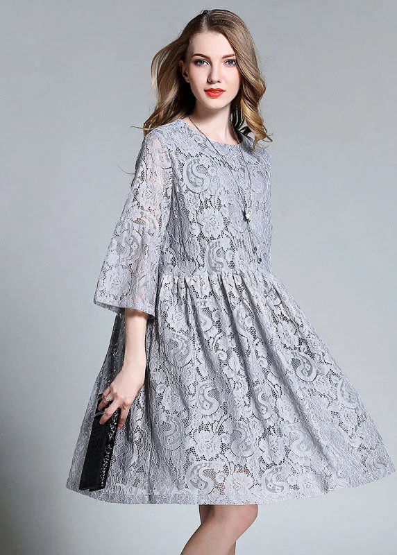 Beautiful Grey O-Neck Patchwork Solid Lace Maxi Dresses Bracelet Sleeve Vibrant Femme Fashion