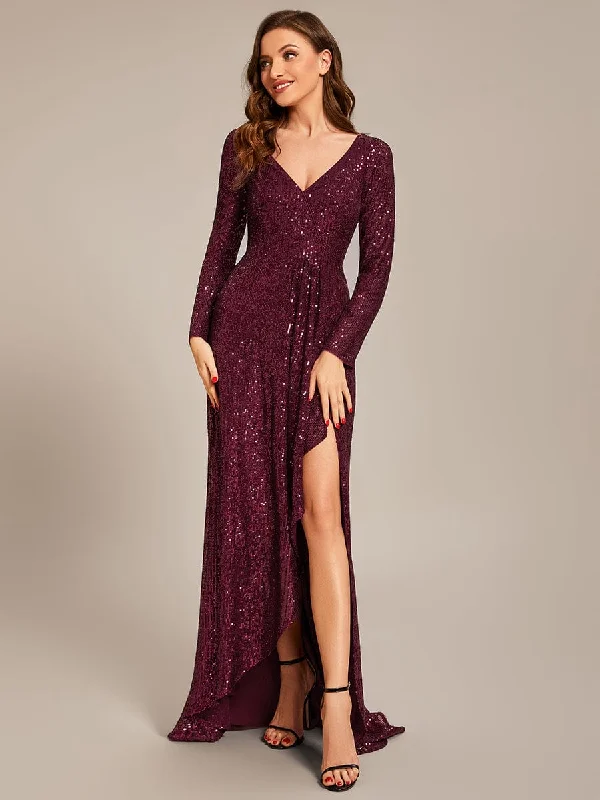 Sequin Long Sleeve V-neck Asymmetrical Hem Evening Dress Trend Leading Collection