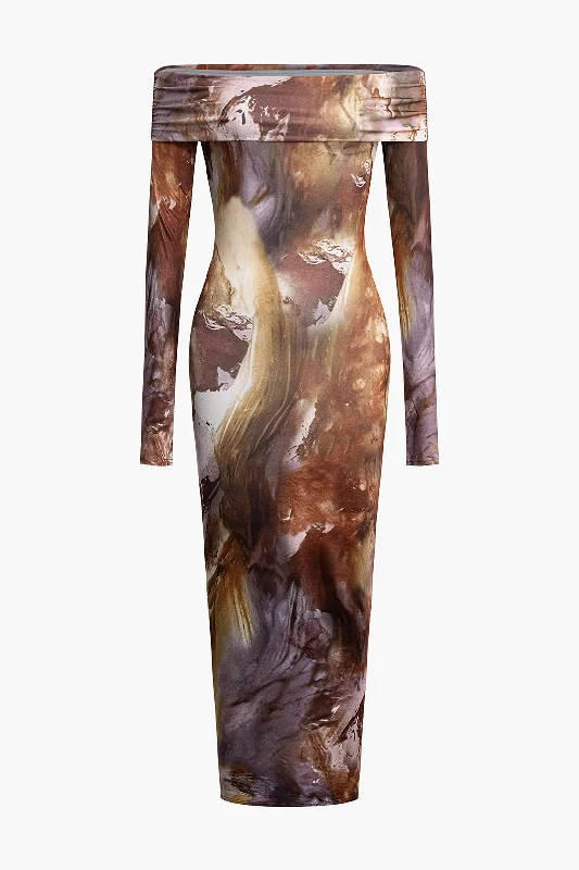 Tie Dye Long Sleeve Off Shoulder Midi Dress Huge Markdowns