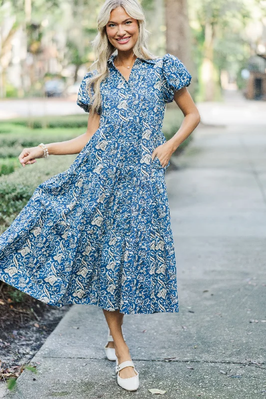 Perfect For You Navy Paisley Button Down Midi Dress Premium Style