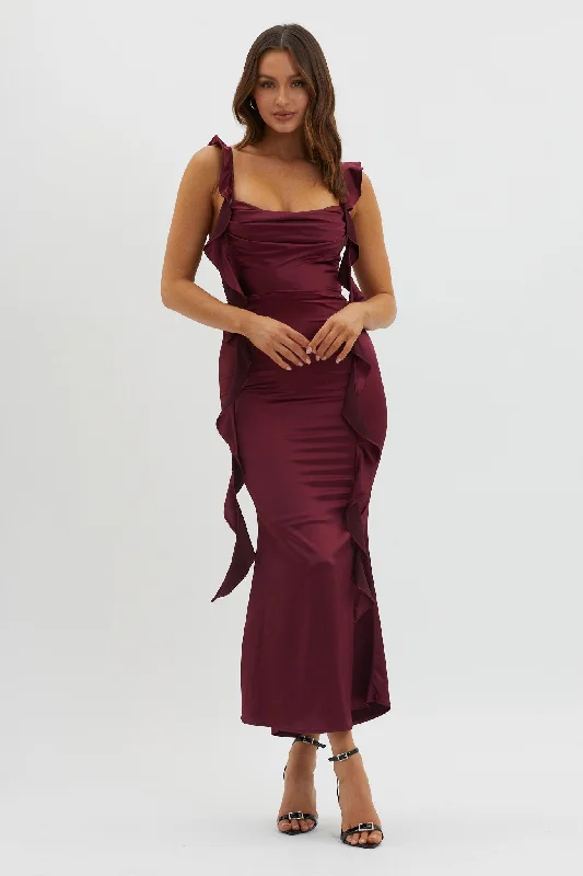 Blushing Ruffle Trim Midi Dress Wine Flash Sale, Don't Miss