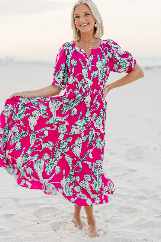 All You Hot Pink Floral Midi Dress Timeless Elegant