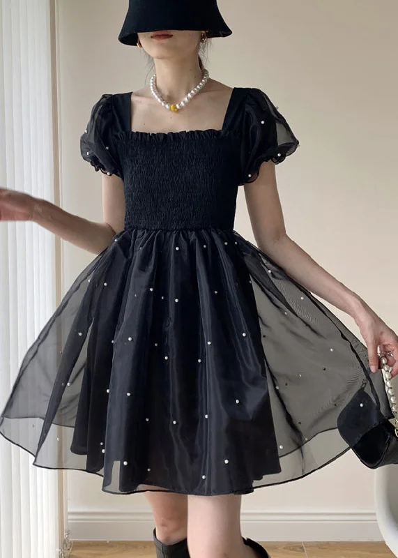 French Black Nail Bead Lace Up Tulle Mid Dress Puff Sleeve Style Streetwear