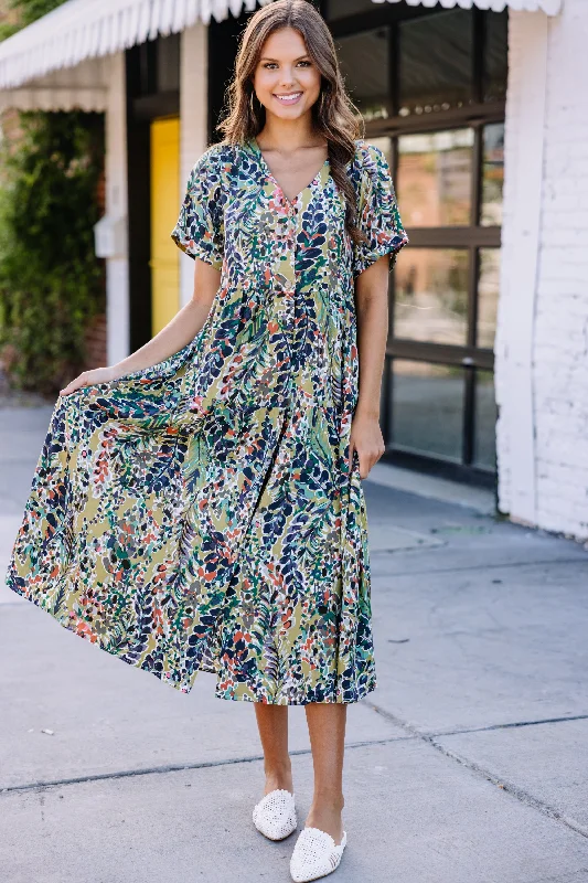 Just You Wait Moss Green Floral Midi Dress Limited Time Deal