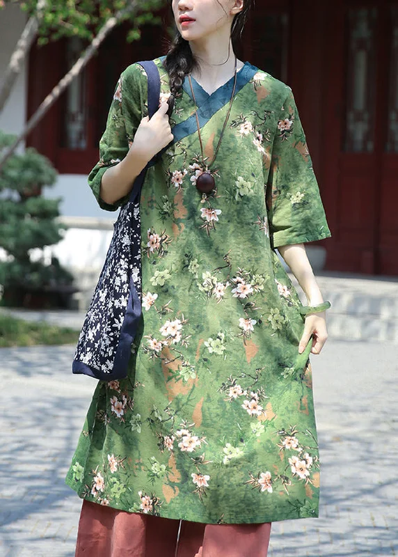 Art Green V Neck Print Patchwork Cotton Dress Half Sleeve Trendy Clothing Sale