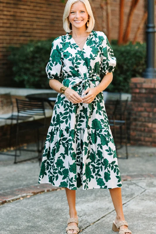 Sugarlips: Step Out Forest Green Floral Midi Dress Casual Chic