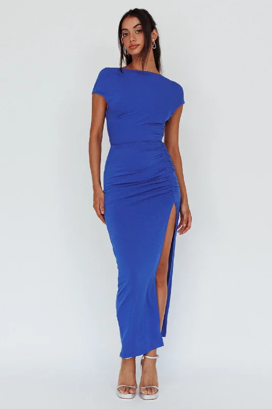 Lucinda Cap Sleeve Ruched Midi Dress Blue Fashion Forward Outfits