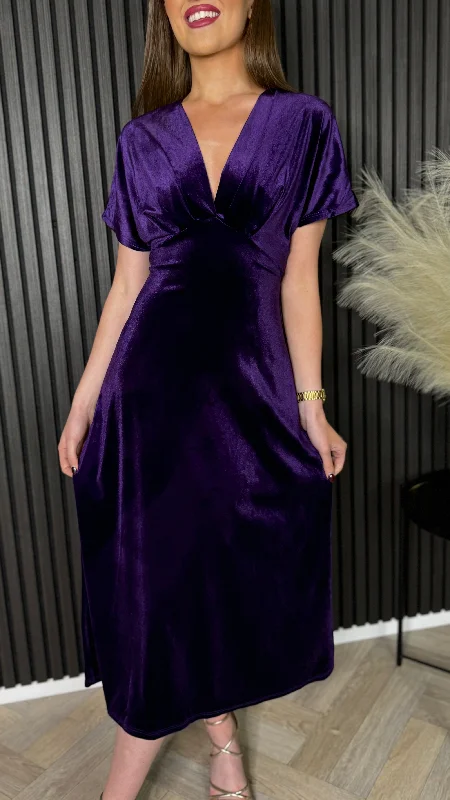 Merritt Purple V Neckline Velvet Finish Midi Dress Boutique Styles