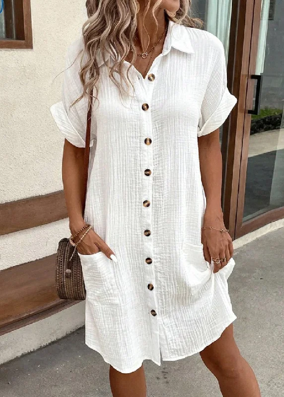 Elegant White Peter Pan Collar Button Pockets Cotton Shirt Dress Summer Minimalist Office - Ready Style