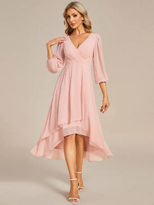 Laura | Long Sleeves Asymmetrical Hem A-Line Midi Bridesmaid Dress Chic Styles