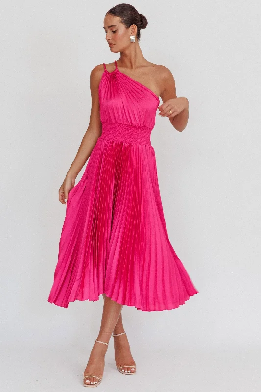 Calissa One Shoulder Pleated Midi Dress Magenta Odd Size Clearance Sale