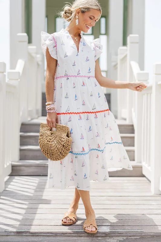 Created Beauty Cream White Sailboat Midi Dress Feminine Charm